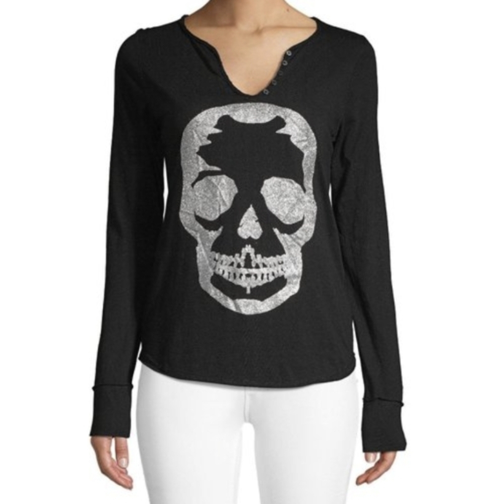 Zadig & Voltaire Tunisien Metallic Skull Henley shirt lond sleeve black Small